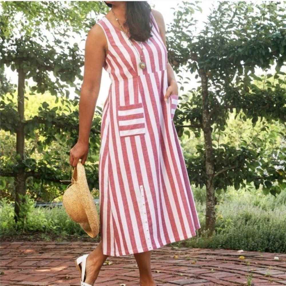 APRIL CORNELL Nantucket Stripe Midi Dress Red Stripe Classic Cape Cod Beach XXS